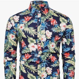 TUNEVUSE Men's Floral Long Sleeved Dress Shirt